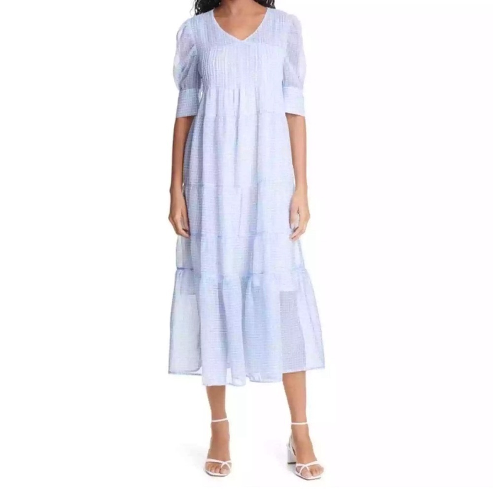 Birgitte Herskind Dress Silla Puff Sleeve Blue Check Midi Large